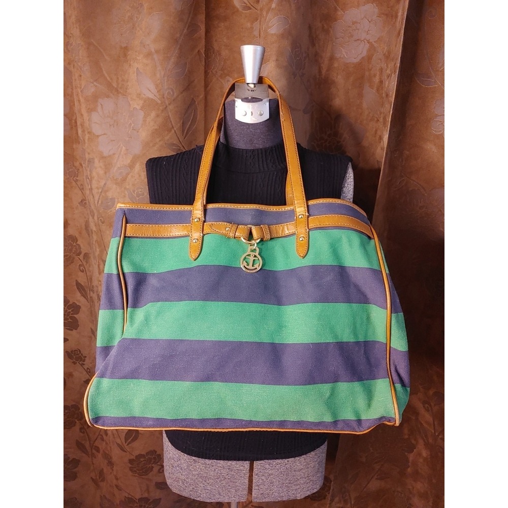 Beach Casual Blue & Green Striped Tommy Hilfiger Shoulder Tote Pockets